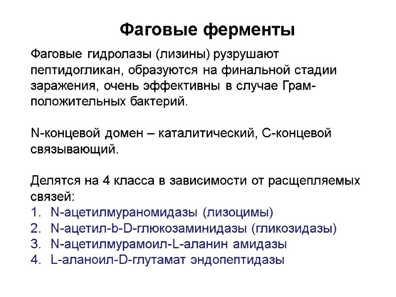 Фаговые гидролазы (лизины) рузрушают пептидогликан, образуются на финальной стадии заражения, очень эффективны в случае